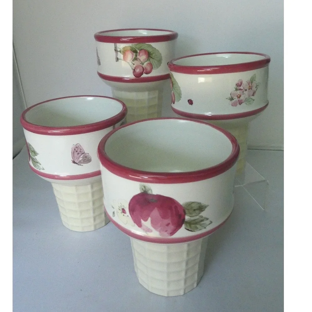 Pfaltzgraff Ceramic Ice Cream Cone Dessert Bowls Set of 4 Fruit Floral Butterfly